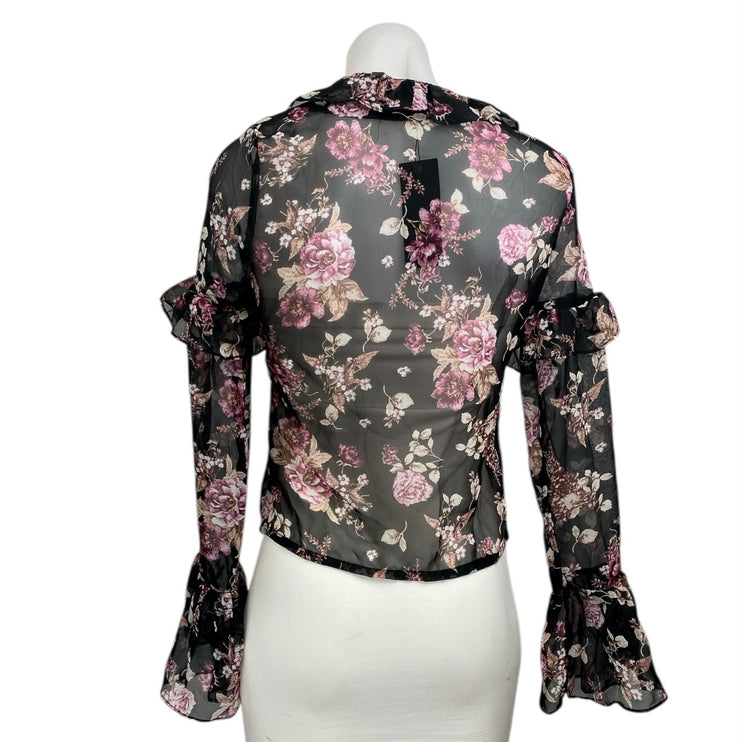 NEW Nasty Gal Black Floral Long Bell Sleeve Sheer Mesh V Neck Blouse Top Size 0