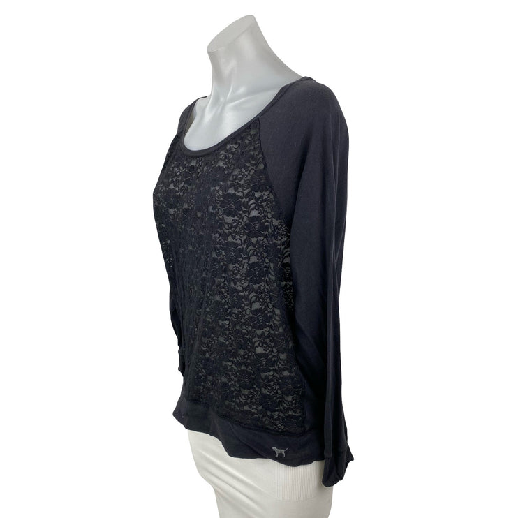 Victoria's Secret PINK Black Floral Lace Long Sleeve Scoop Neck Blouse Top Sz M