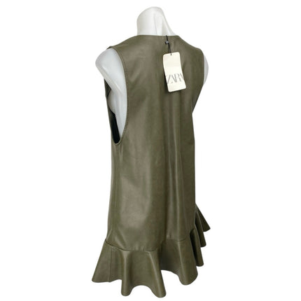NEW Zara Green Faux Leather Vegan Sleeveless Ruffle Blazer Mini Dress Size S