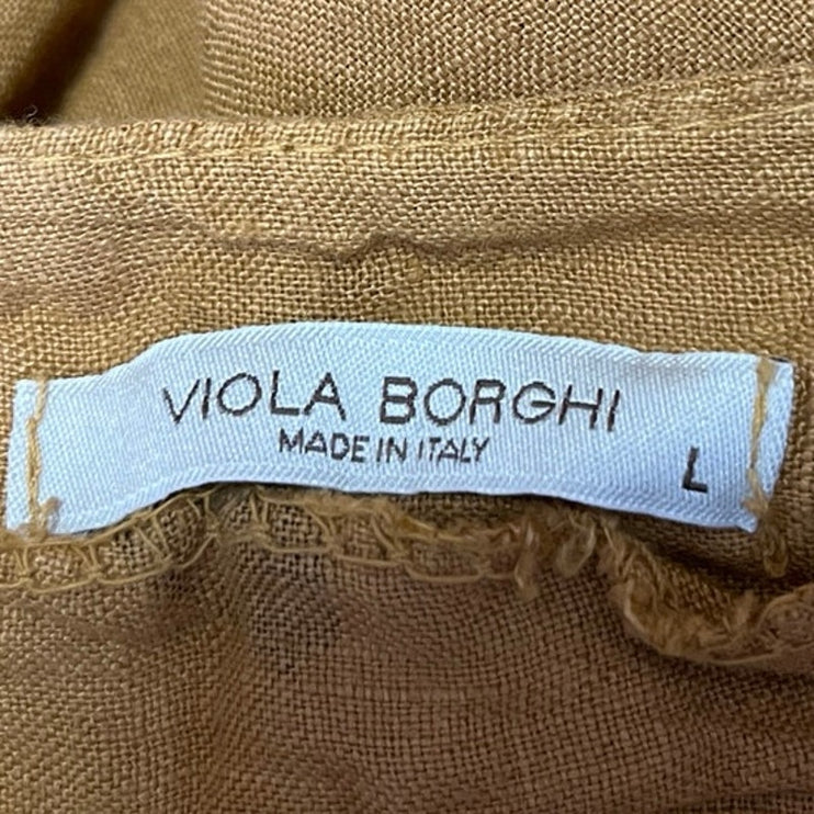 Viola Borghi Brown 100% Linen Butterfly 3/4 Ruffle Sleeve Pullover Blouse Top L