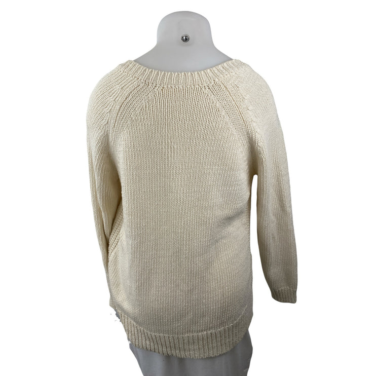 Anthropologie Moth Women's Cream Ribbed Knit Lace Up V Neck Sweater Top Size XL