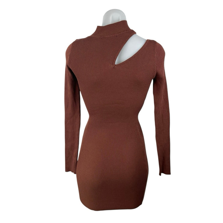 Hera Brown Long Sleeve Cutout Turtleneck Ribbed Knit Mini Bodycon Dress Size S