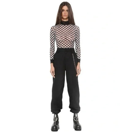 I.AM.GIA Nightrider Black White Checkered Mock Long Sleeve Bodysuit Top Size L