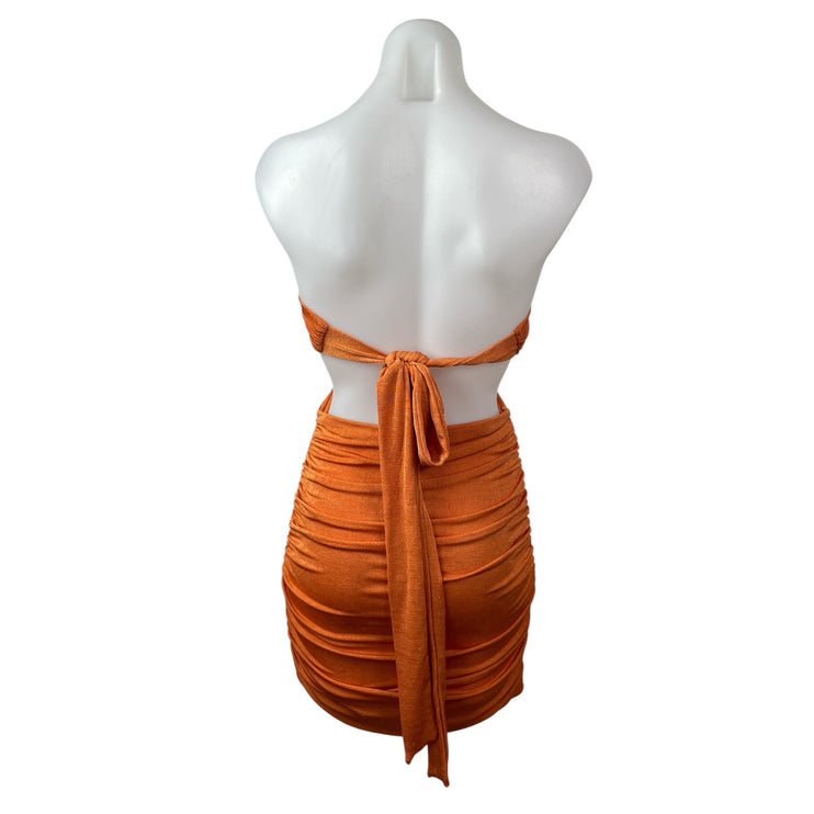 Tiger Mist Coral Strapless Tube Bandeau Cutout Tie Ruched Mini Bodycon Dress M