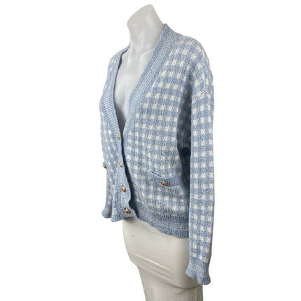 Aqua Blue White Checkered Plaid V Neck Long Sleeve Crop Cardigan Sweater Top L