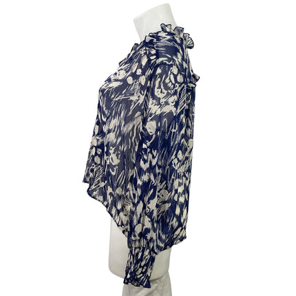 Zara Women's Blue Cream Long Sleeves Abstract Print Ruffles Sheer Blouse Top XL
