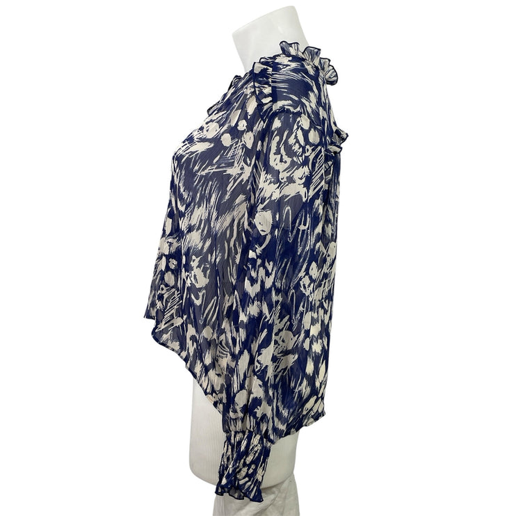 Zara Women's Blue Cream Long Sleeves Abstract Print Ruffles Sheer Blouse Top XL