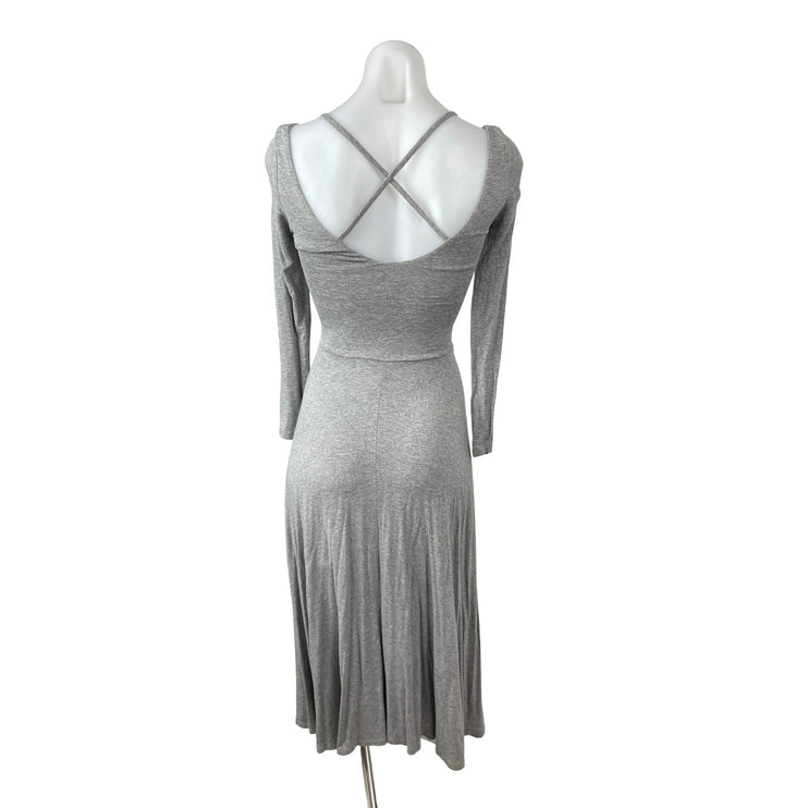 H&M Gray Heather Long Sleeve Scoop Neck Pleated Fit & Flare Midi Dress Size 2