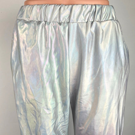 Womens Iridescent Silver Metallic Rainbow Elastic Waist Track Pants Joggers Sz S