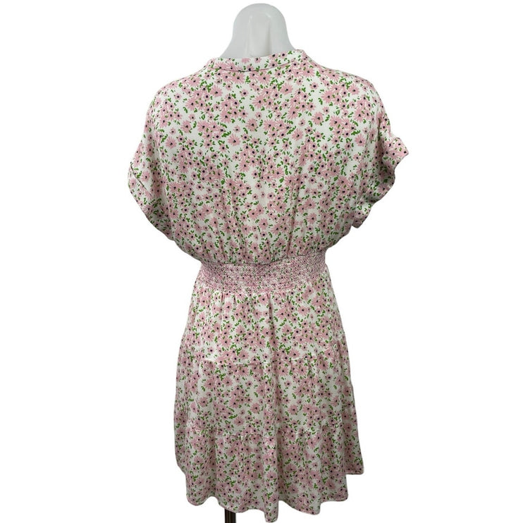 Alice + Olivia Keela Pink Floral V Neck Smocked Short Sleeve A Line Mini Dress 8