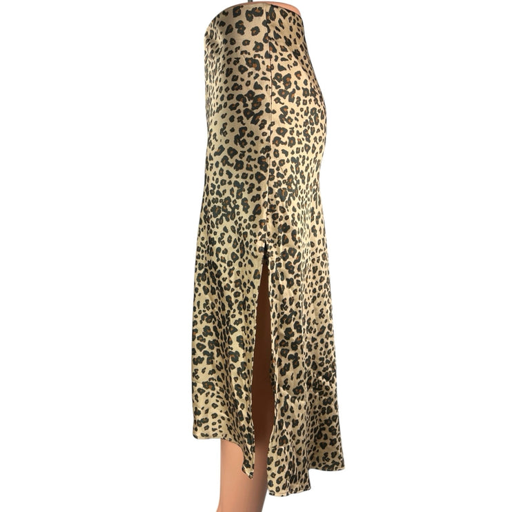 Abercrombie & Fitch Beige Black Silk Satin Leopard Slit Slip Midi Skirt Size XS