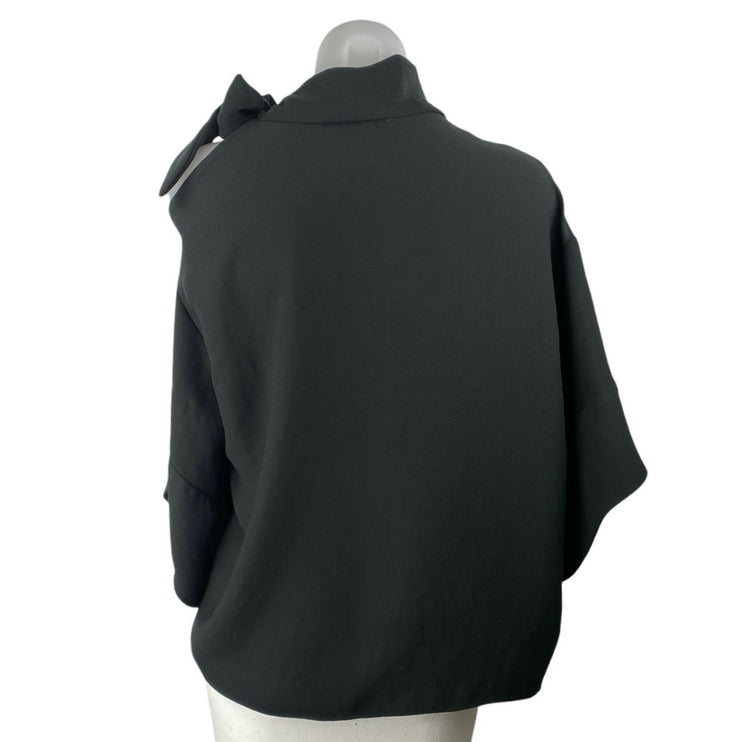 IRO Women Black Cutout Tie Neck Bow Relaxed Long Sleeve Poncho Blouse Top Size 6