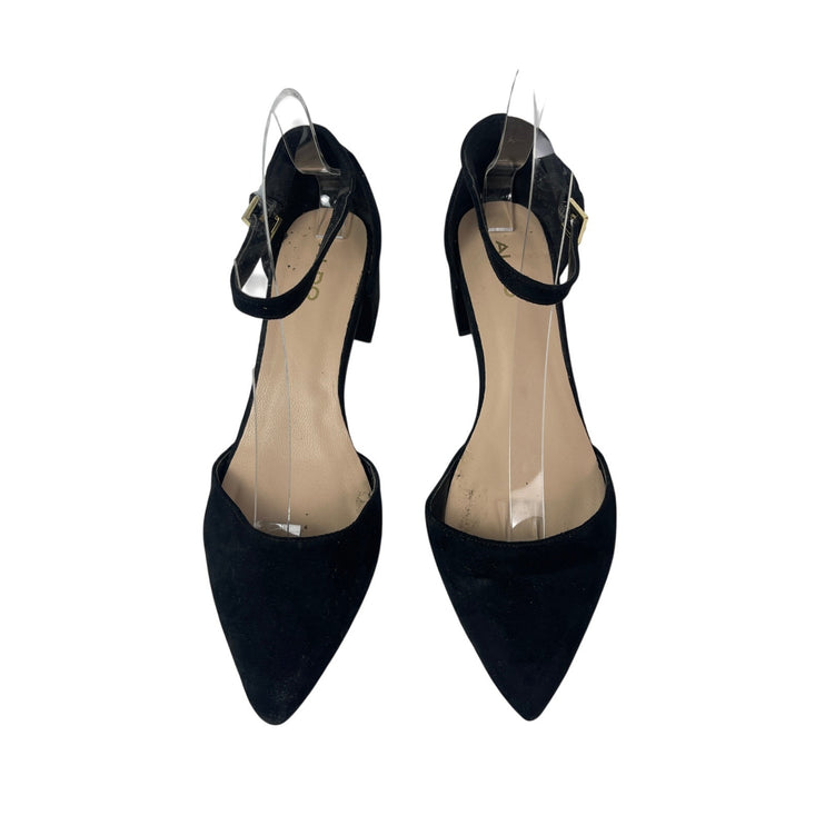 Aldo Womens Black Suede Ankle Strap Pointed Toe Low Chunky Block Heel Pumps 8.5