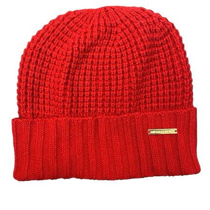 Michael Kors Women's Red Gold Logo Waffle Knit Bonnet Beanie Hat Cap One Size