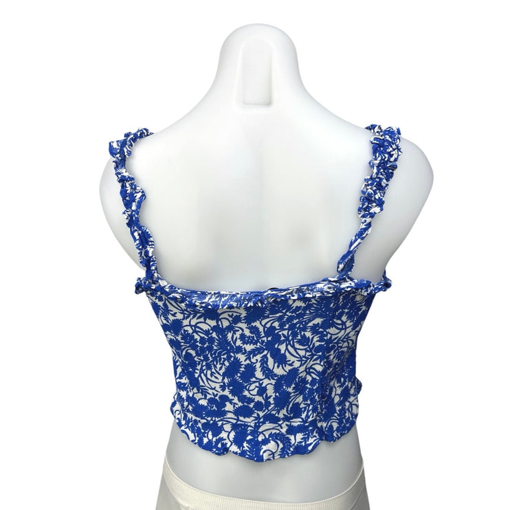 Zara Blue Floral Print Lace Up Tie Sleeveless Ruffle Strap Crop Tank Top Size S