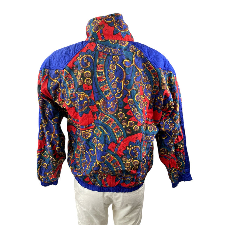 Vintage Sports Accent Blue Floral Geometric Full Zip Windbreaker Jacket Size S