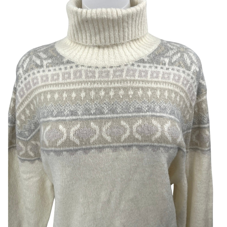 NEW French Connection Cream Gray Fair Isle Long Sleeve Turtleneck Sweater Top M