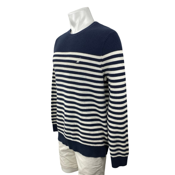 Nautica Men's Navy Blue Striped Logo Crew Neck Long Sleeve Knit Sweater Top L