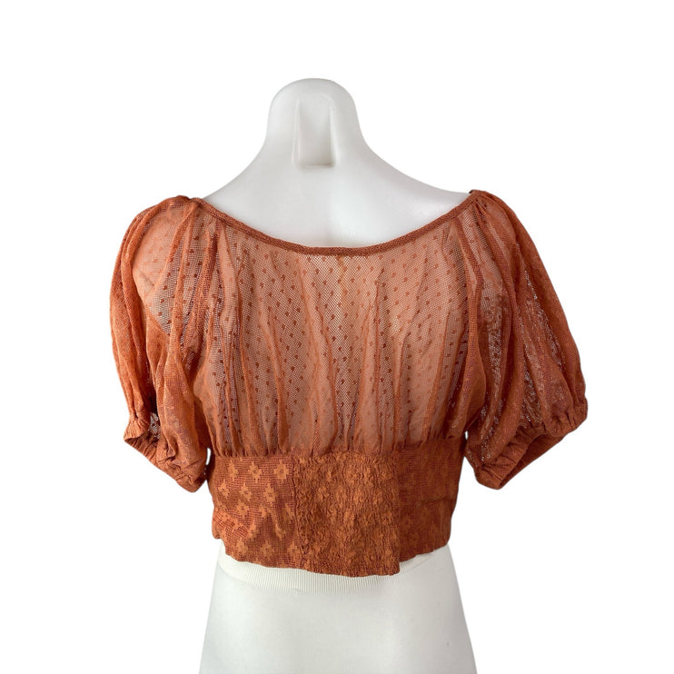 Free People Heartstrings Summer Orange Floral Puff Sleeve Crop Blouse Top Size M