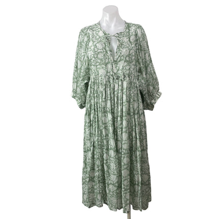 Daughters of India Green 3/4 Puff Sleeves Floral Tie Neck Boho Midi Dress Sz M
