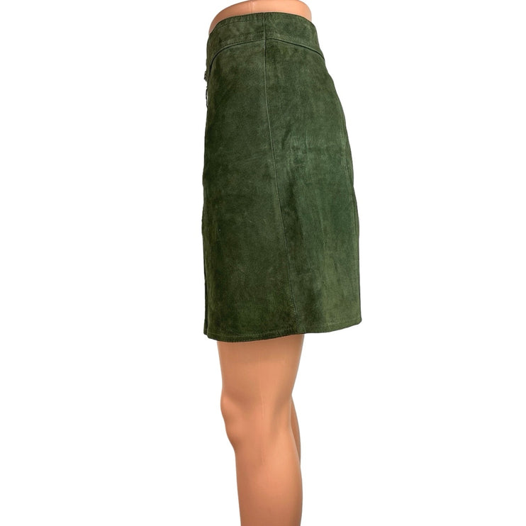 Zara Green 100% Suede Leather Zip Front Mini Casual A Line Mini Skirt Size M