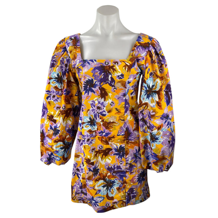 Zara Multicolor Long Balloon Sleeve Square Neck Floral Mini A Line Dress Size S