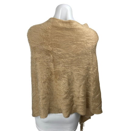 Molly Bracken Tan Faux Fur Fleece V Neck Poncho Shrug Sweater Top One Size