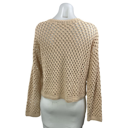 Aqua Beige Long Sleeves Open Knit Crochet Patchwork Cardigan Sweater Top Size M