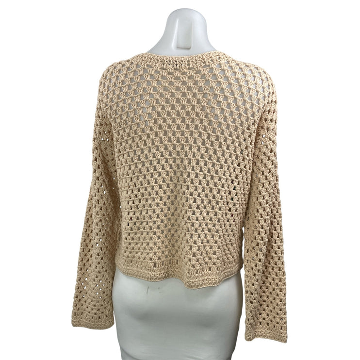 Aqua Beige Long Sleeves Open Knit Crochet Patchwork Cardigan Sweater Top Size M