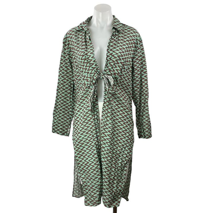 Zara Green Brown Geometric Chevron Tie Slit Midi Cover Up Shirt Dress Size S