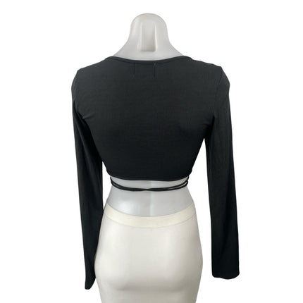 Princess Polly Women's Black Ruched V Neck Long Sleeve Tie Waist Crop Top Size 6