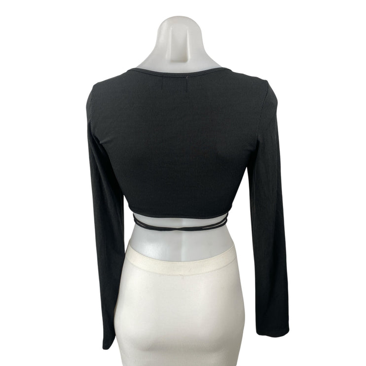 Princess Polly Women's Black Ruched V Neck Long Sleeve Tie Waist Crop Top Size 6