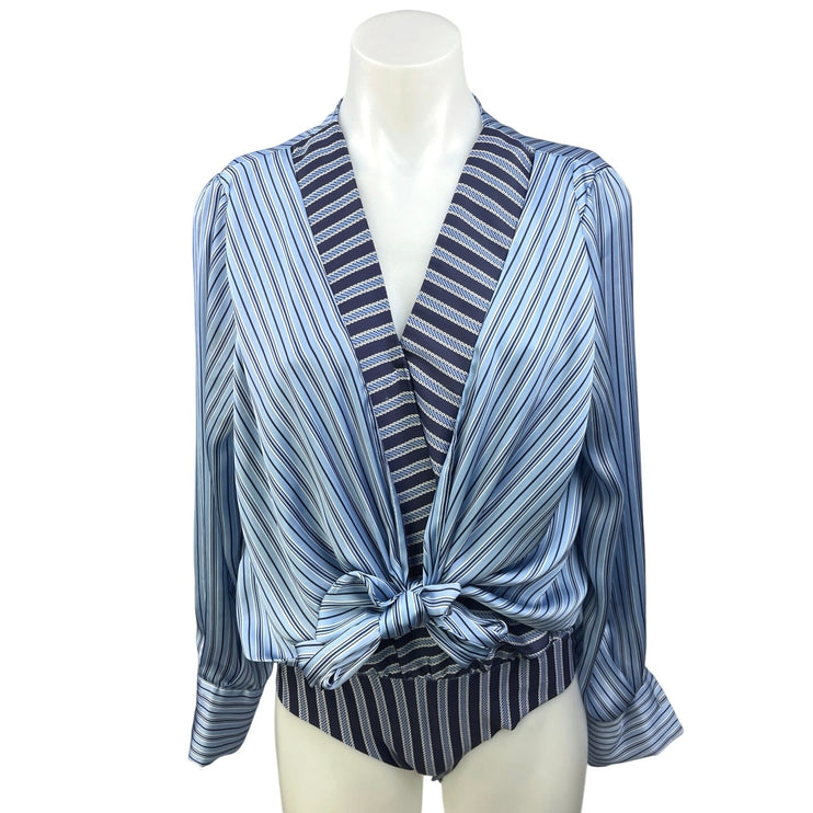 ZARA Blue Stripe Silk Satin Front Knot Long Sleeve Wrap Blouse Bodysuit Top M