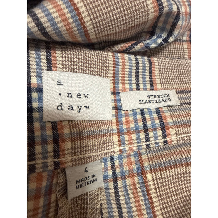 A New Day Women Tan Plaid Tartan Wide Leg Straight Cropped Trousers Pants Size 4