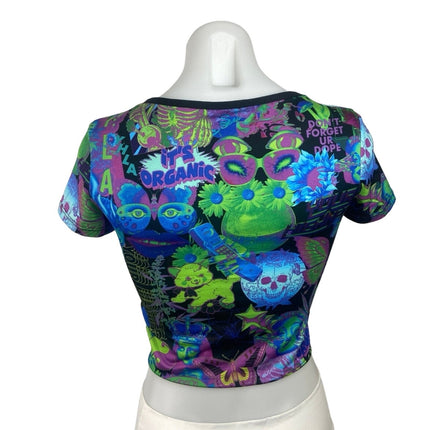 Your Highness Blue Green Ruckus Print Tie Front Short Sleeve Crop Top Blouse S