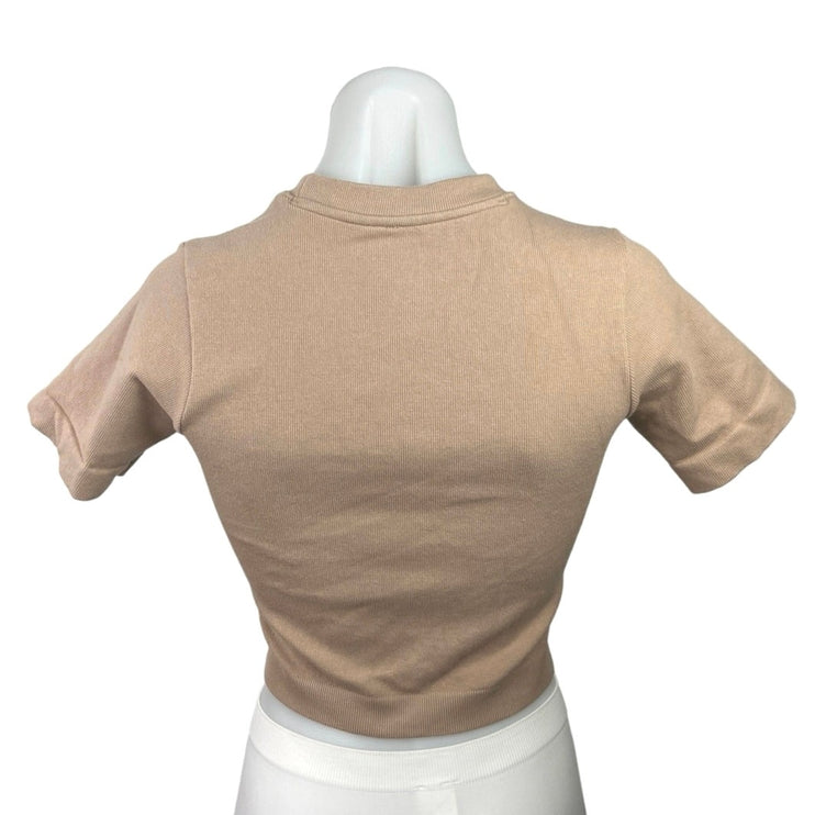 Everlane Tan Mock Neck Short Sleeve Plain Knit Stretch Crop T Shirt Top Sz XS/S