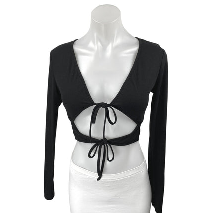 Princess Polly Black Ribbed Knit Long Sleeve Tie Front Cut Out Crop Top Size 6