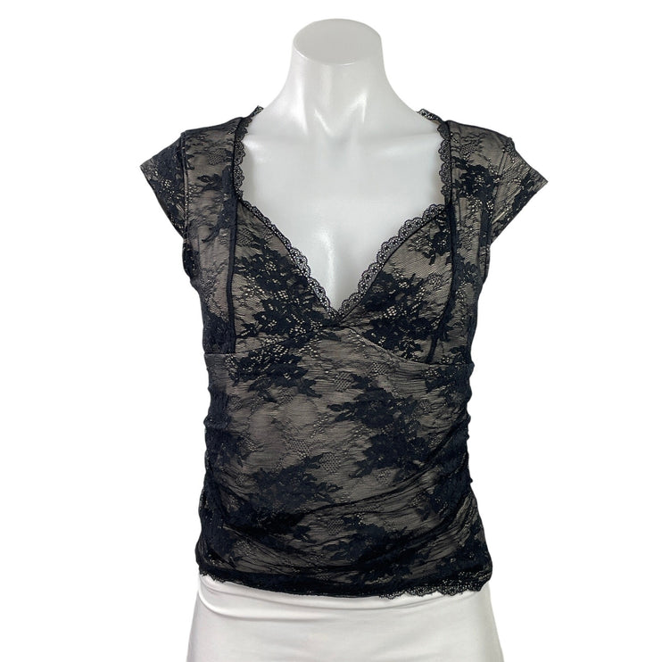 Abercrombie & Fitch Womens Black Floral Lace Cap Sleeve Sheer Crop Blouse Top S