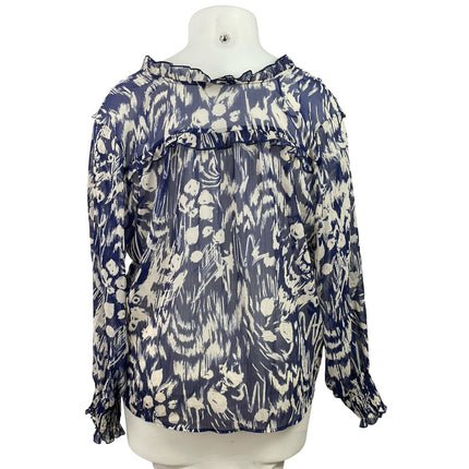 Zara Women's Blue Cream Long Sleeves Abstract Print Ruffles Sheer Blouse Top XL