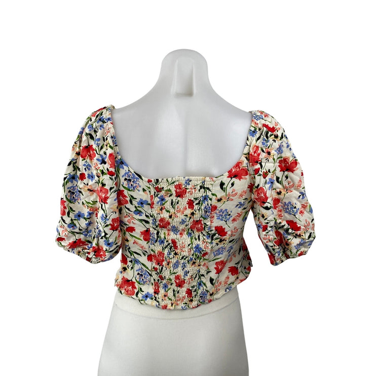 ASTR The Label Multicolor Floral Short Puff Sleeve Corset Bustier Blouse Top S