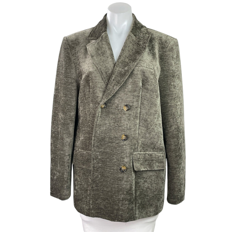 Commense Green Velvet Velour Double Breasted Peak Lapel Blazer Coat Jacket Sz M