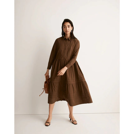 NEW Madewell Brown Pleated Long Sleeve Tiered A Line Midi Shirt Dress Size L
