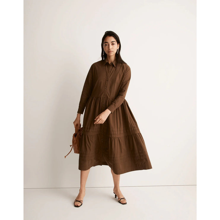 NEW Madewell Brown Pleated Long Sleeve Tiered A Line Midi Shirt Dress Size L