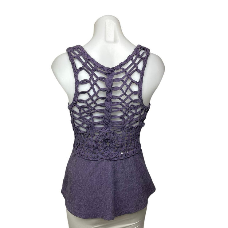 Free People Floral Cotton Purple Sleeveless Round Crochet Peplum Tank Top Size S