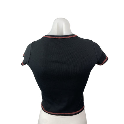 Art Class Hibiscus Embroidery Black Ribbed Crop Crew Neck Baby Tee T-Shirt Top L