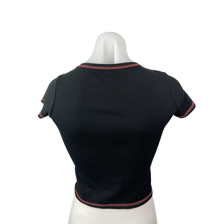 Art Class Hibiscus Embroidery Black Ribbed Crop Crew Neck Baby Tee T-Shirt Top L