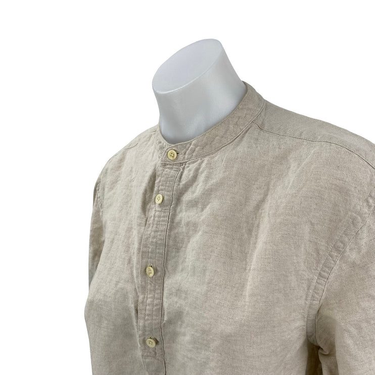 Zara Women's Beige Linen Mock Neck Button Front Long Sleeve Shirt Top Size M