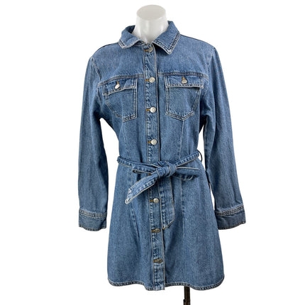 Zara Women's Blue Long Sleeve Tie Waist Button Up Denim Jean Shirt Dress Size L