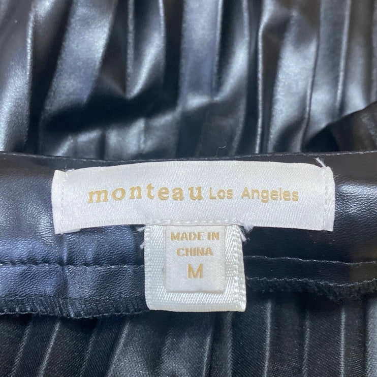 Monteau LA Black Faux Leather Vegan Pleated High Waist A Line Midi Skirt Size M