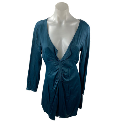 Zara Green Silky Satin Ruched V Neck Long Sleeve Mini Flare A-Line Dress Size M